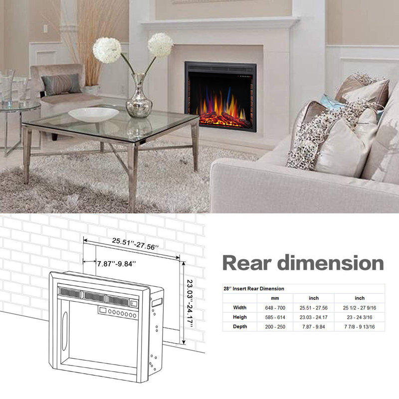 Black Electric Fireplace Insert, 24.6" H x 28" W x 8.98" D