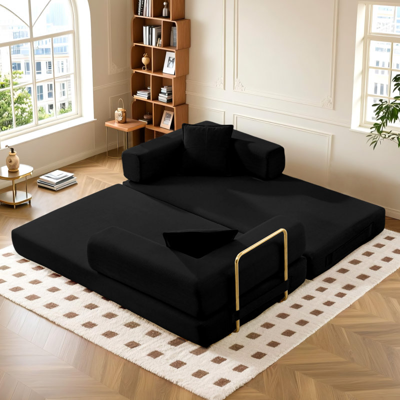 Canapé-lit convertible de très grand lit de 78 po avec 2 coussins Aldora Boneless, Velours côtelé noir