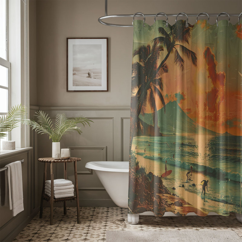 Rideau de douche standard 1 pièce Old-School Hawaiian Sunset, H 74 po x l 71 po