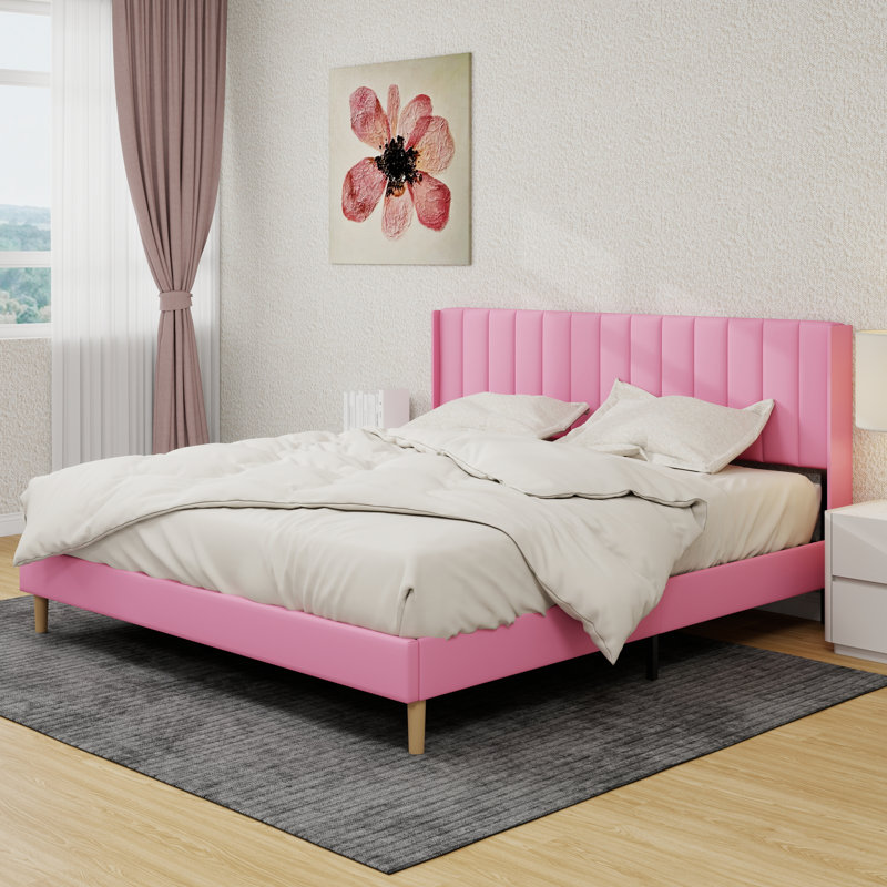 Upholstered Platform Bed Frame, King, Pink