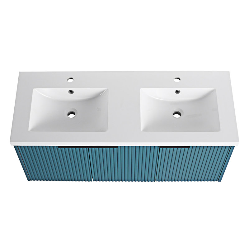 Meuble-lavabo mural avec lavabo double en résine, Bleu lac