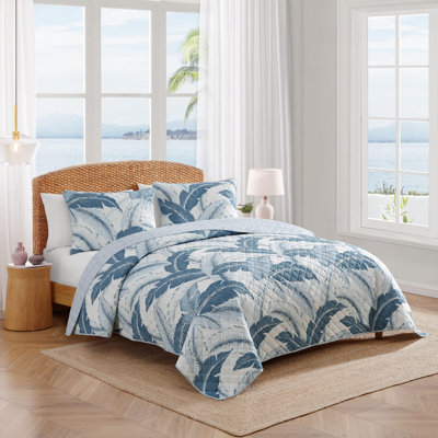 Tommy Bahama Vintage Palms Cotton Reversible Blue Quilt Set