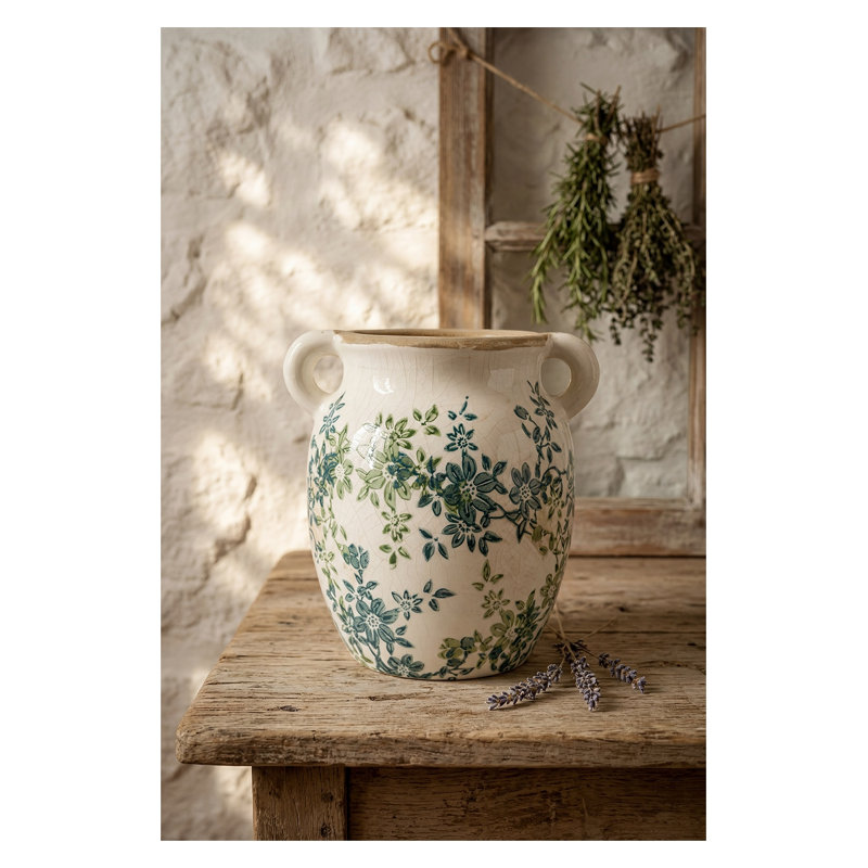 Vase floral en céramique à deux poignées avec finition craquelée, H 7,7 po, bleu / crème / vert