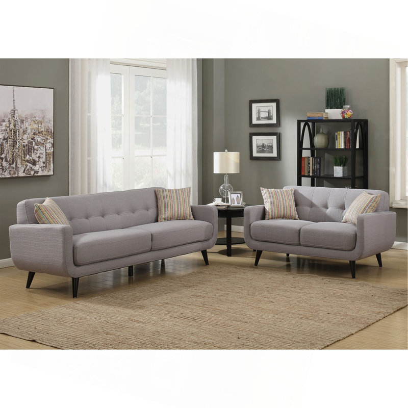 Ensemble de canapé, mélange de polyester, pieds en bois massif, rembourrage en mousse haute densité avec coussins décoratifs et conception matelassée