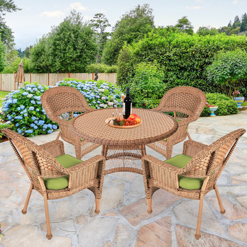 4 - Person Patio Dining Set with Round Table , Cushions Included, Honey, Green