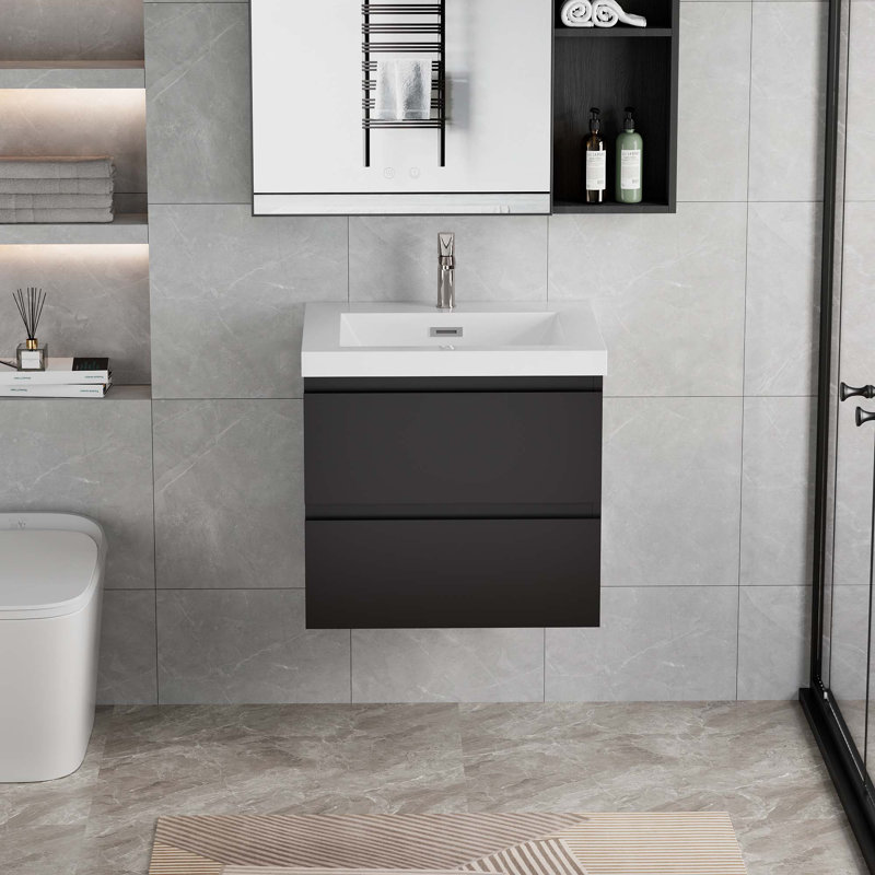 Meuble-lavabo flottant avec lavabo, Noir, noir, noir, noir