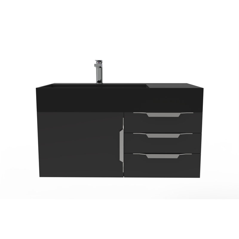 Ensemble de meuble-lavabo mural simple 36 po Bassi, Noir, Noir, Nickel brossé