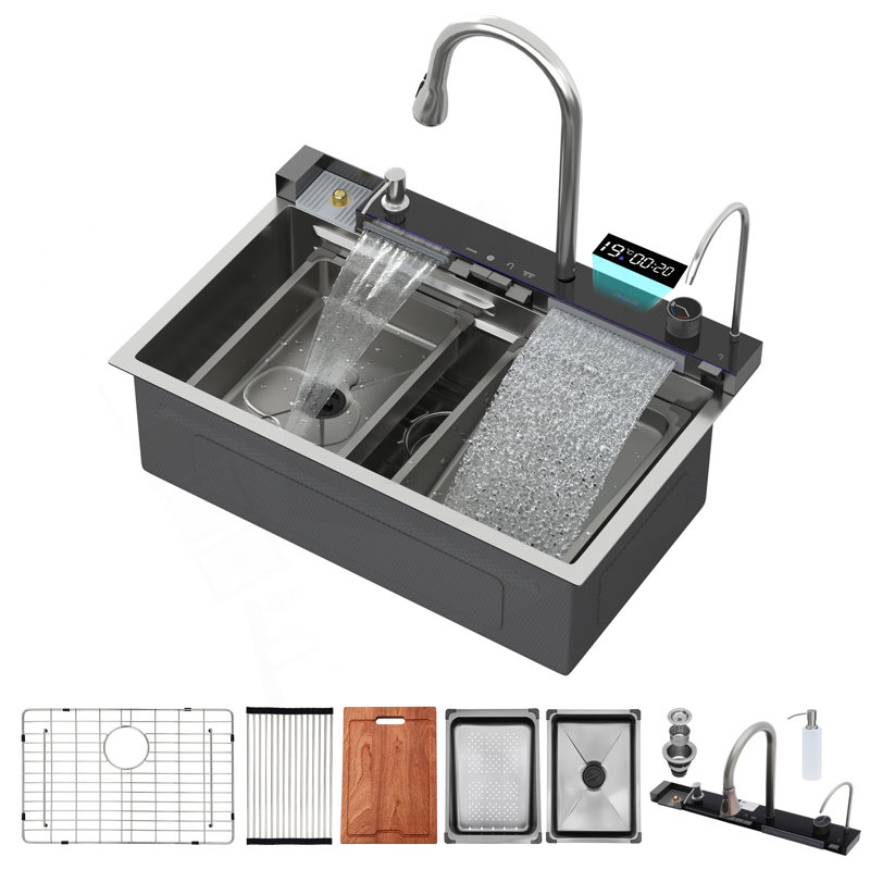Évier de cuisine à cascade 30 po - 30 po x 19 po x 9 po Multifonction à cuve simple 16 jauges en acier inoxydable