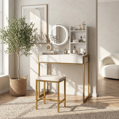 Small Vanity Desk with LED Lighted Mirror, Functional Makeup Vanity Table Featuring 3 Adjustable Lighting Modes, Built-in Power Outlet with USB Charging Ports, Smooth Sliding Drawer