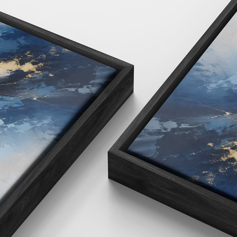 Très grande impression sur toile encadrée abstraite contemporaine bleu marine, blanc et or, H 30 po x l 60 po, Noir