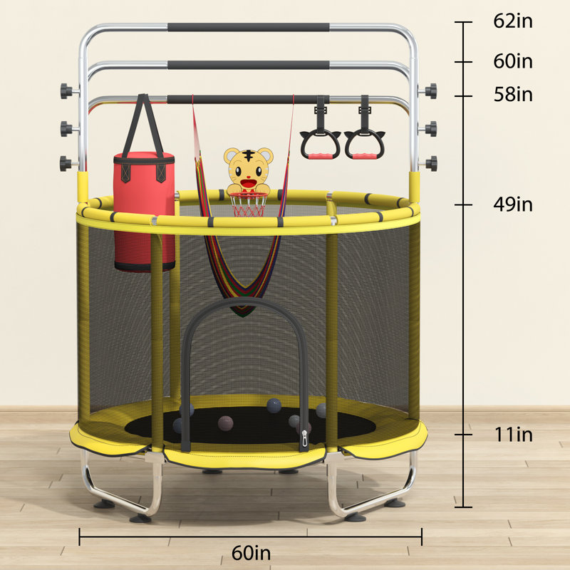 Multi-Functional Kids Trampoline | 60in Indoor Outdoor Bouncer | High-Strength Steel Frame | 500LBS Capacity | Yellow & Black Safety Enclosure Trampoline with Hammock, Basketball Hoop & Punching Bag