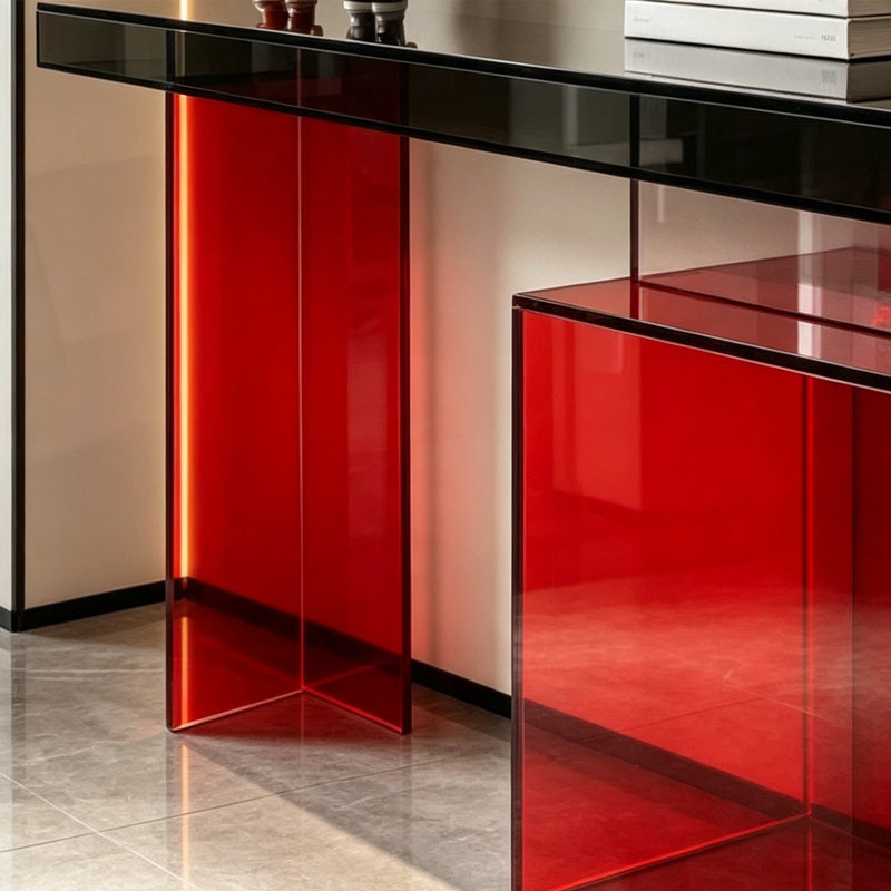 Console rouge à usages multiples en acrylique., H 29,53 po x l 47,24 po x P 13,78 po