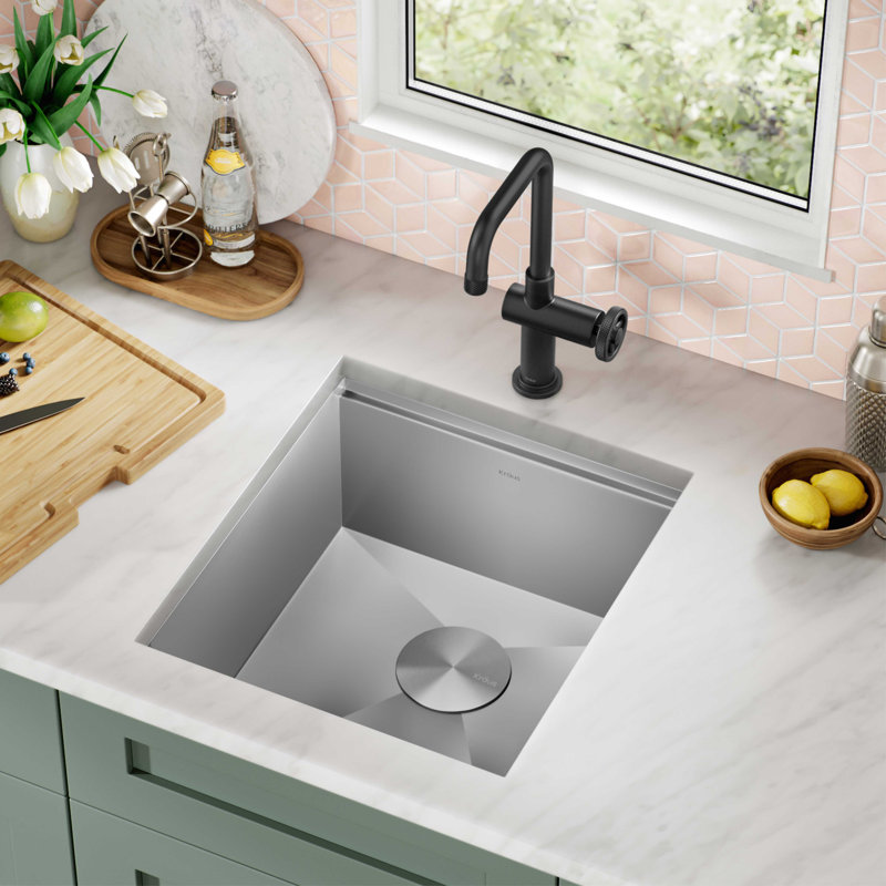 KRAUS Kore™ Workstation 17-inch L Undermount 16 Gauge Single Bowl Stainless Steel Bar Kitchen Sink, 10" H x 17" W x 17" D