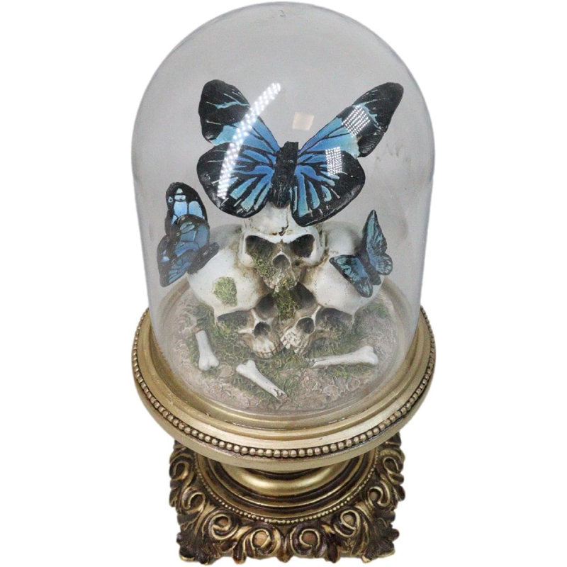 Figurine macabre crâne avec papillons monarques