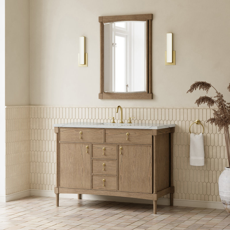 Kinnsden 48" W Single Vanity, Ethereal Noctis Silestone, 8" Widespread, Weathered Oak