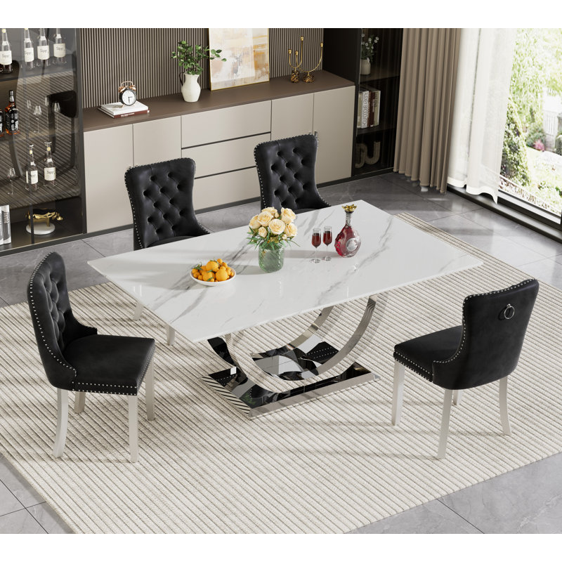 Faux Marble Dining Table Set, 69.3" Rectangular Dining Table & Tufted Velvet Chairs, Modern Kitchen Dining Room Table with Dual U-Shape Stainless Steel Base and Chairs Set