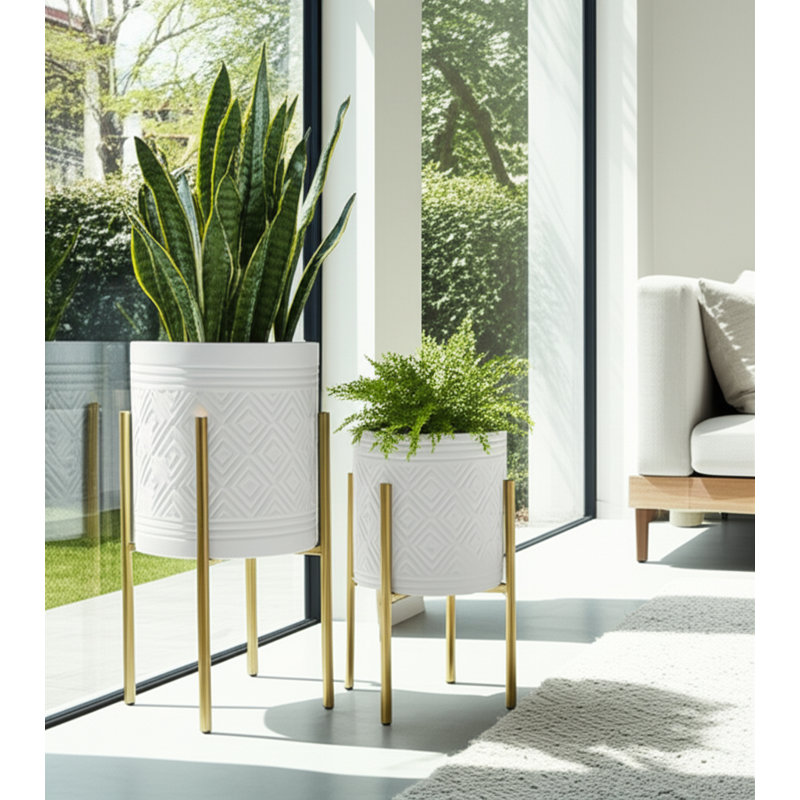 Ensemble de 2 pots à fleurs Aideen pour l'intérieur et l'extérieur - ensemble de 2, Blanc à motif aztèque