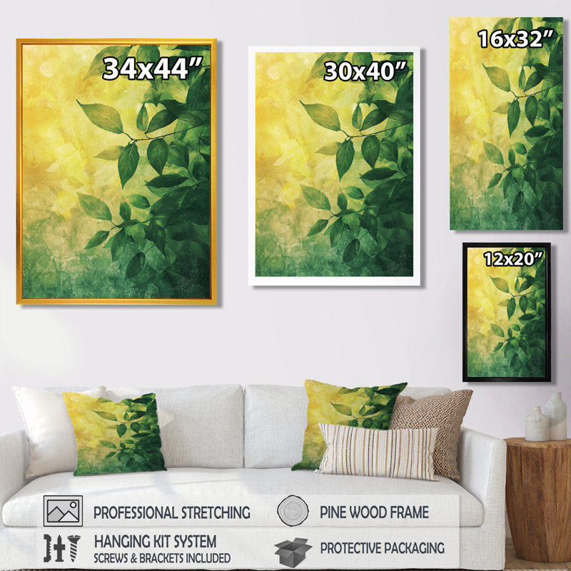 Feuillage vert vert et jaune, collage de feuilles V - grandes feuilles, art mural, Noir, Impression encadrée