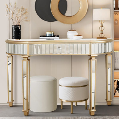 Console demi-lune à miroir avec tiroir en verre cannelé et poignée en cristal, un ajout polyvalent et élégant à tout intérieur