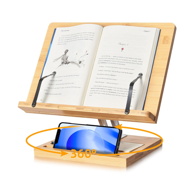 Book Stand For Reading, Adjustable Holder With 360° Rotating Base & Page Clips, Foldable Desktop Ricer For Cookbook,Sheet Music,Laptop,Recipe,Textbook,Hands Free(13.2 X 9.2 Inches)
