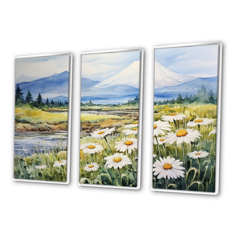 Marguerite blanche fleur dans un paysage de montagne - ensemble de décorations murales marguerites, Cadre flottant blanc