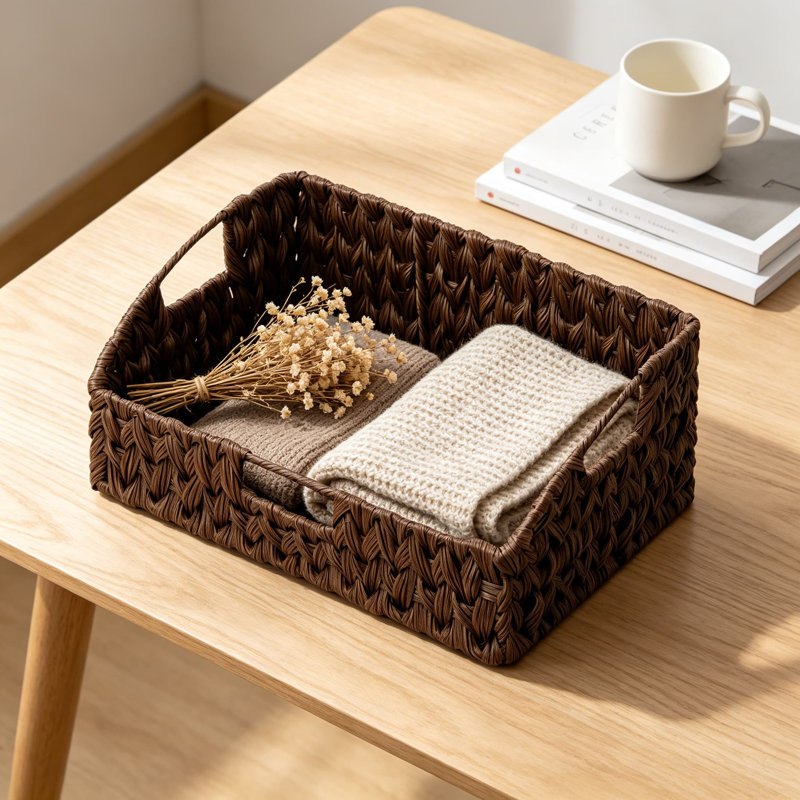 Wicker Storage Basket with Handles, Trapezoid Woven Baskets for Shelves, Large Decorative Bin for Home Organization, Recyclable Plastic Wicker on Metal Frame