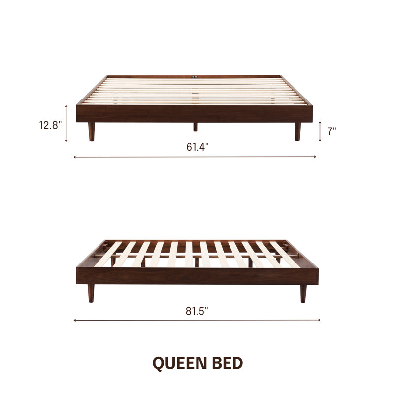  Base de lit en bois massif Fly sans tête de lit et lattes silencieuses, capacité de 1000 lb, Grand lit, Noyer foncé