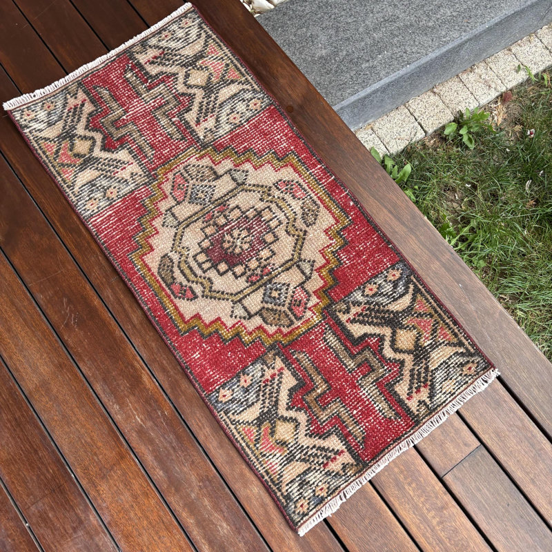 Vintage Small Turkish Rug in Red for Entry or Kids Room Made from Authentic Wool