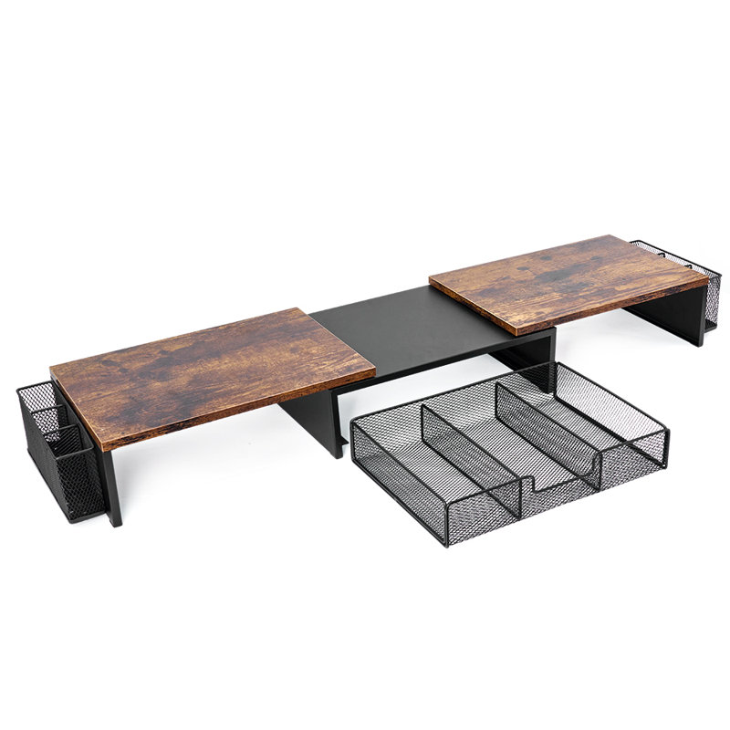 Support de bureau double extensible pour bureau avec tiroir, brun rustique 28 "- 41"
