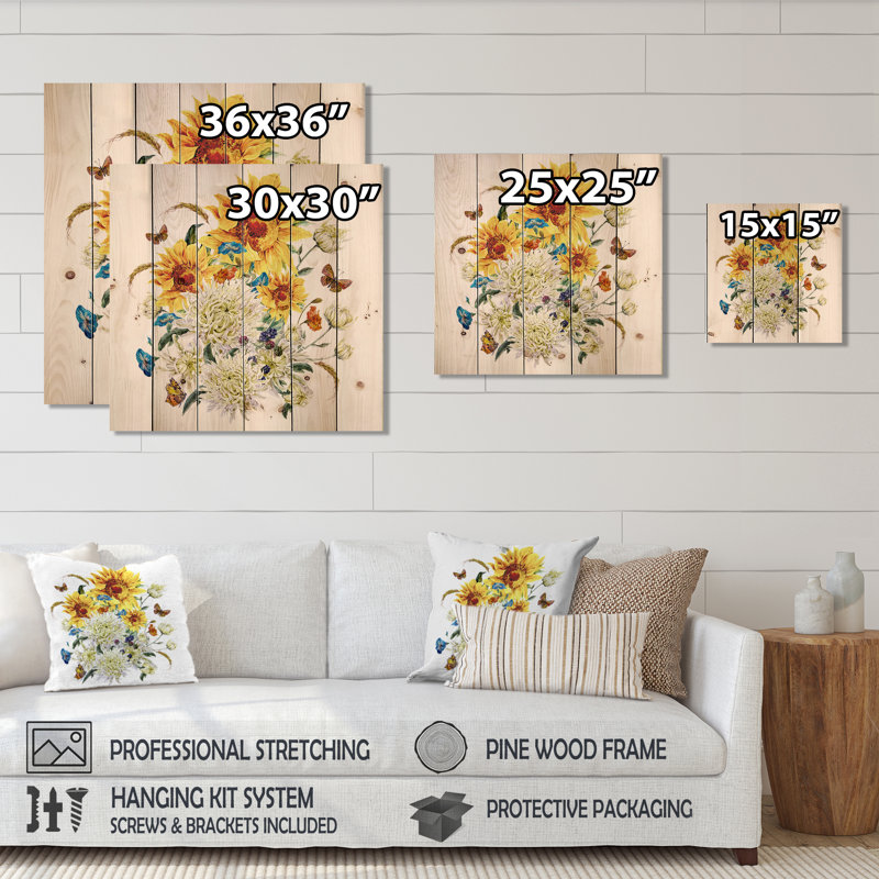 Chrysanthèmes et tournesols rétro - impression traditionnelle sur bois de pin naturel, H 30 po x l 30 po x P 0,78 po