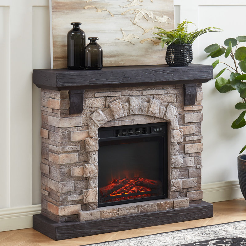 40'’ Electric Fireplace With Faux Stone Mantle, Tan, 35" H x 40" W x 11.5" D