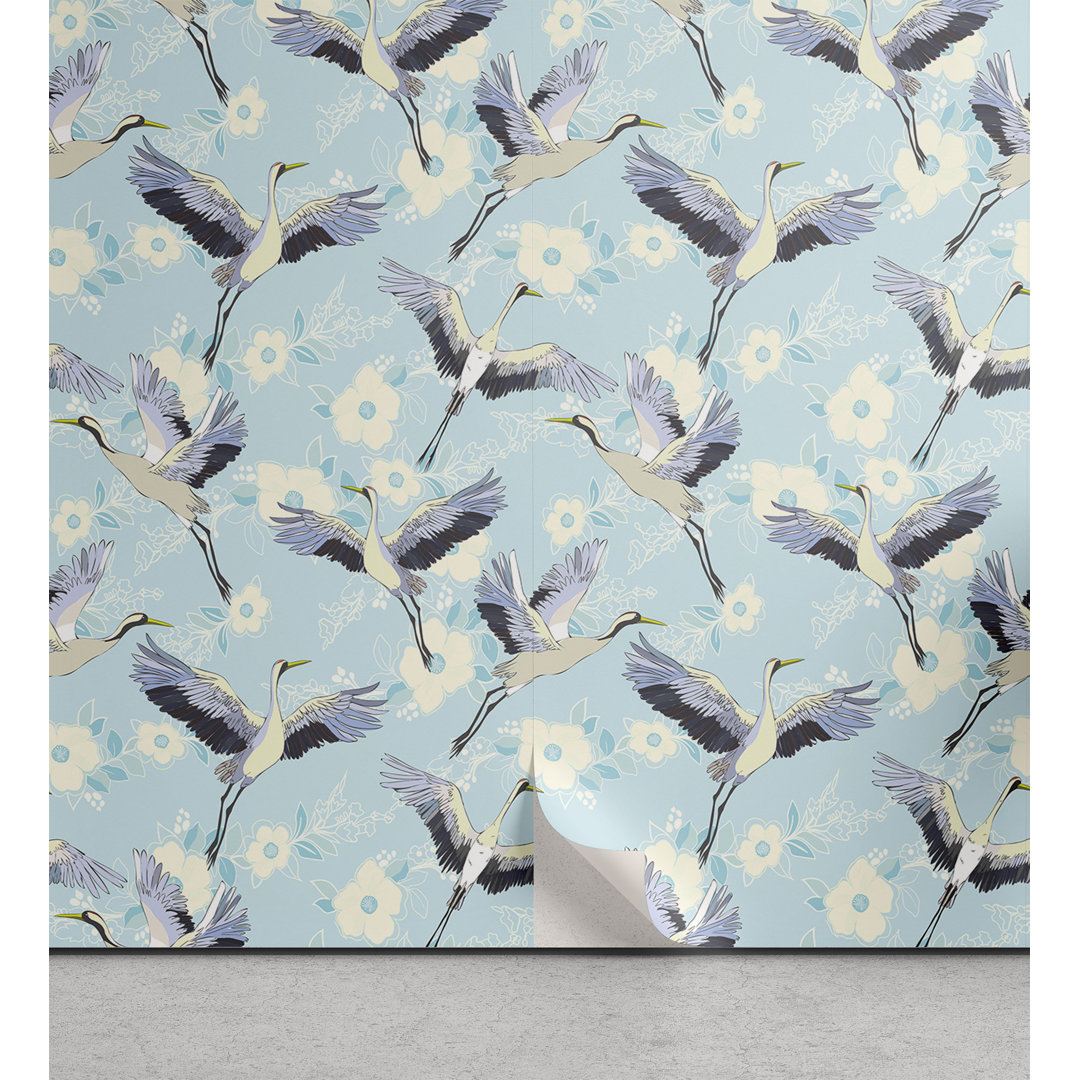 Abzieh- und Klebetapete, Kontinuierliche Flug Crane Floral, Vogel, Baby Blue Pale Ceil Blau