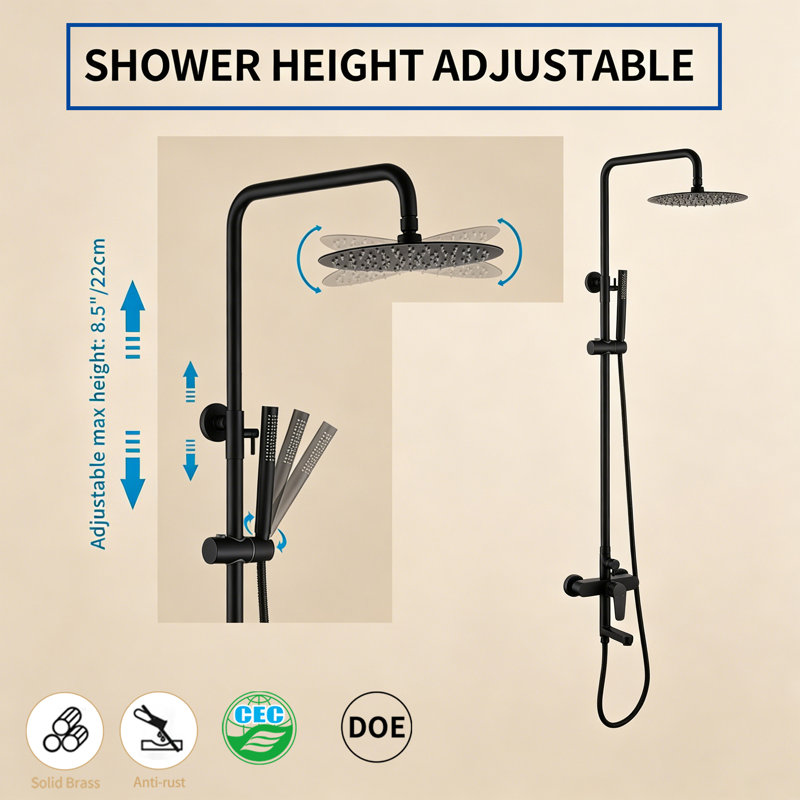 Wall Mount Rainfall Shower System With Handheld Spray, Matte Black