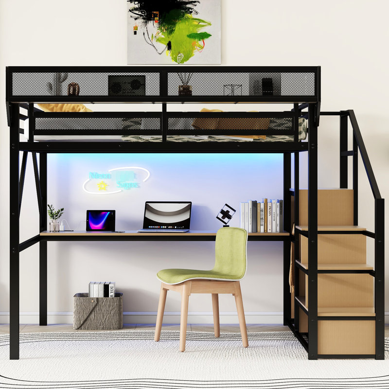 Grand lit mezzanine avec escalier, bureau, station de charge, rangement, métal, 400 lb, noir, lumières de chambre à coucher avec charge en métal et garde-robe, espace d'étude