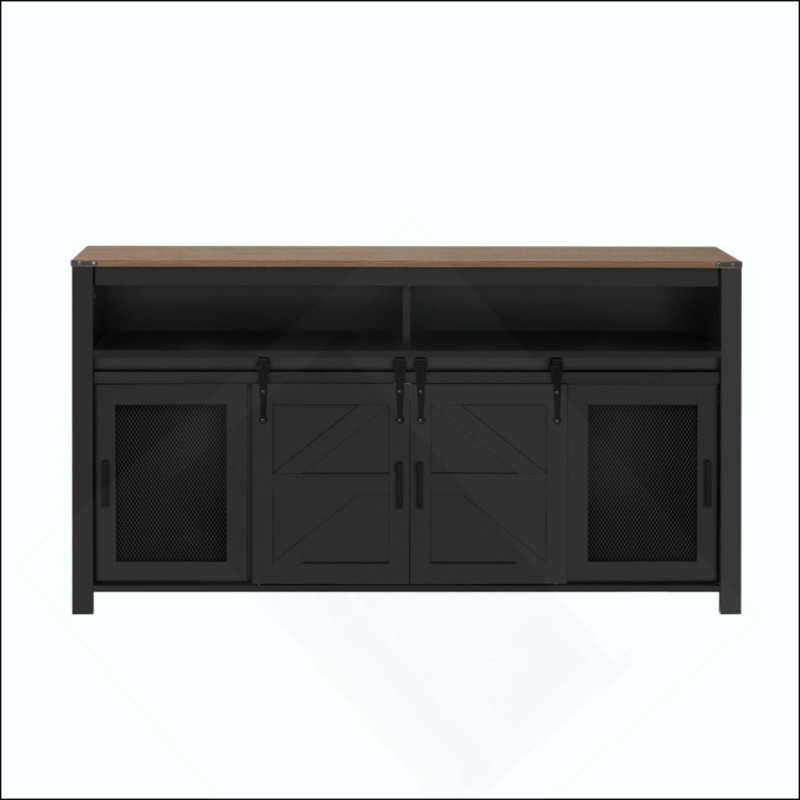 Sideboard With Sliding Barn Door And Mesh Panels,Farmhouse Buffet With Open Storage,Suitable For Living Room, Hallway, Balcony,Kitchen, Office