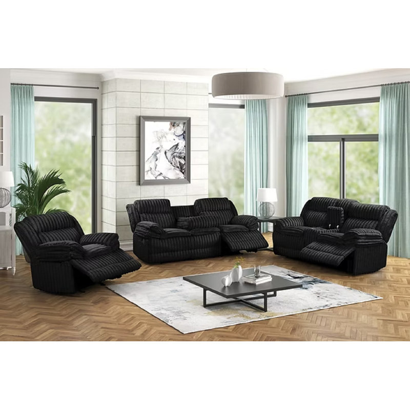 Ensemble de canapé inclinable en tissu Fazeley, Velours côtelé noir