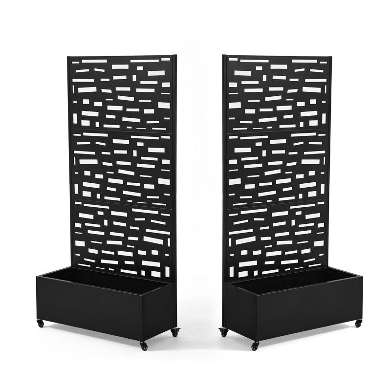 Boîte à fleurs en métal avec treillis et roues Brenna, H 70,8 po x l 35,5 po x P 15,7 po, Noir