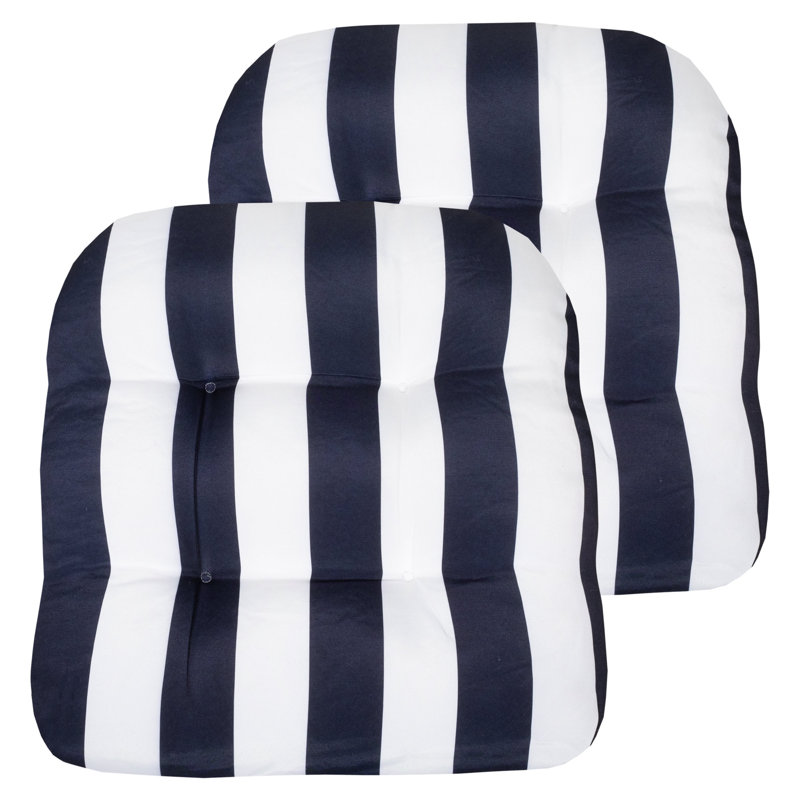 Stripe Patio Cushions Indoor/Outdoor Chair Pad Cushions, Thick Fiber Fill Tufted 19" x 19", Navy/White Polyester, 2