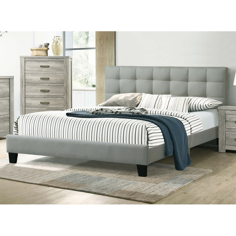 Structure de lit tête de lit contemporaine touffetée en polyfibre 1pc, Double, Gray