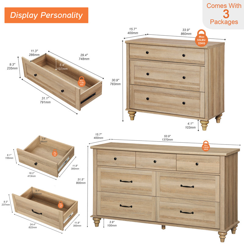 3 Piece Bedroom Set - Includes Mid Century 7 Drawer Dresser, Set Of 2 Bedside Tables With 3 Drawers, 3 Piece Dresser And Nightstand Sets