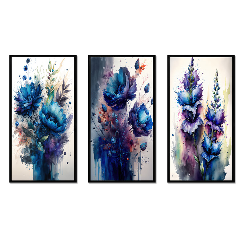«Vibrant Blue Flower Bouquet», 3 pièces sur toile, Noir, H 28 po x l 36 po