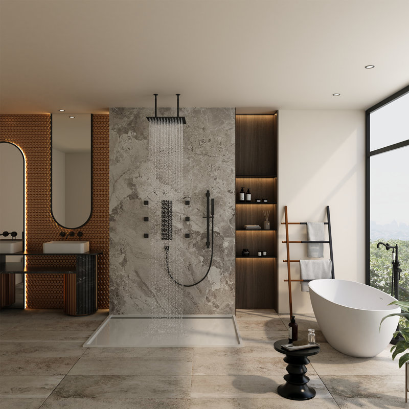 16" Ceiling Mounted 4-Function Thermostatic Rainfall Shower System with 6 Body Jets and Slide Bar, Matte Black