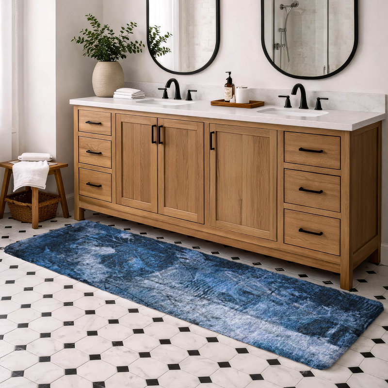 Premium Machine Washable Dream Shag ADS560 Floral Rug, 2'3" x 7'6" Runner, Navy