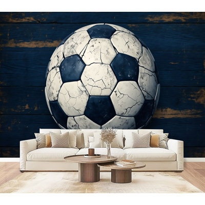 Sport Peel and Stick Wallpaper Worn Classic Soccer Ball Dark Wooden Surface Wall Murals Removable Wall Paper Self-Adhesive Wall Decor Bedroom Man Cave Living Room Home