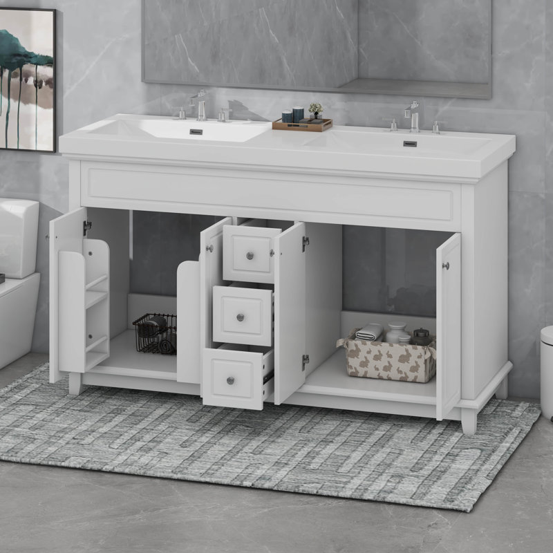 Meuble-lavabo 60 po avec lavabo double en résine, 3 tiroirs et 4 portes