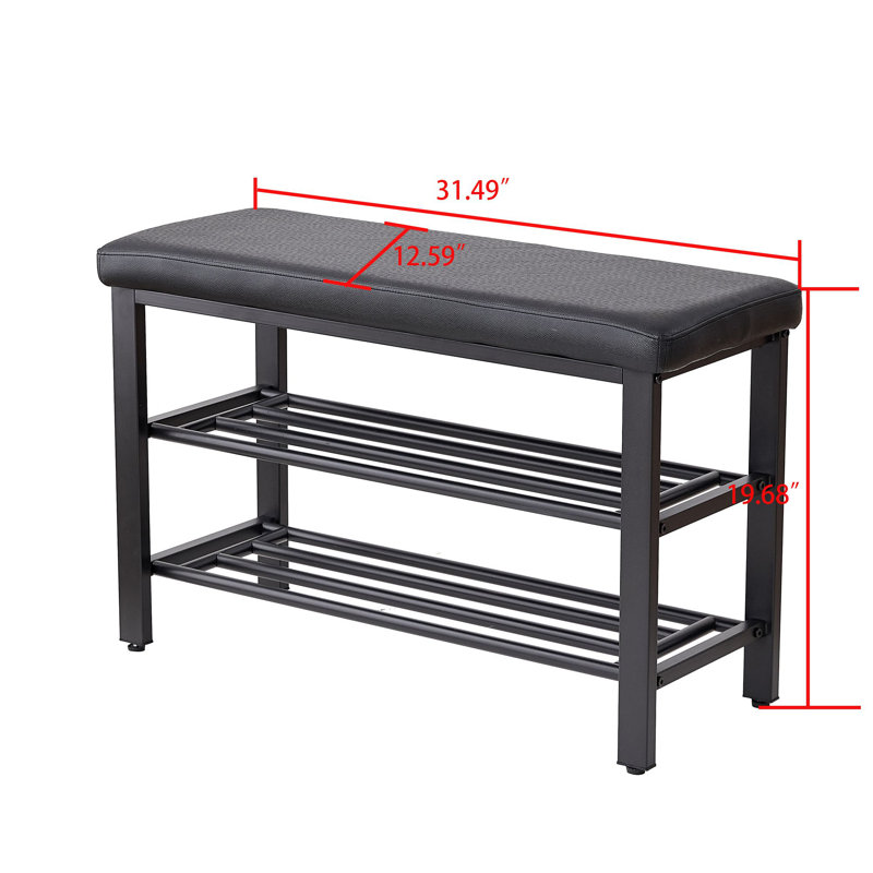 Petit banc à chaussures de style moderne, étagère à chaussures à 3 niveaux, avec coussin de siège en polyuréthane et tablettes en maille métallique