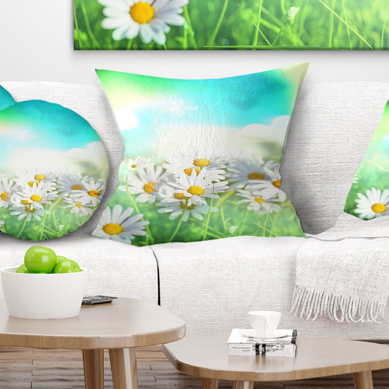 Camomille sur fond abstrait - coussin à imprimé floral, 16 po x 1 po, Coussin décoratif