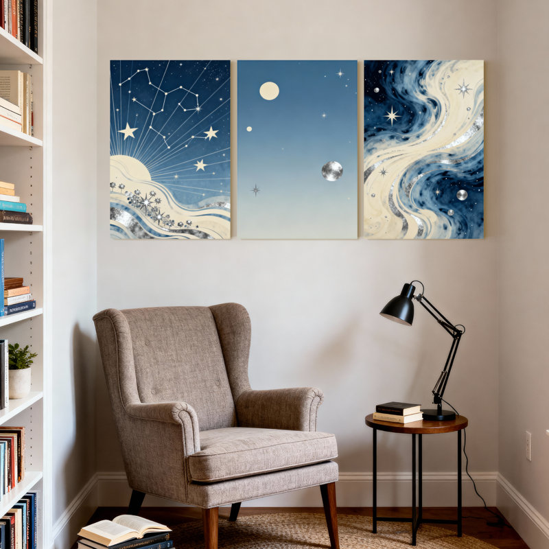 «Abstract Cosmic Stars Constellations Moon Waves Galaxy Reflections», ensemble de 3 impressions sur toile, H 18 po x l 36 po