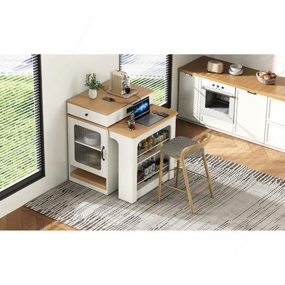 59.5" Kitchen Island With Extendable Dining Table, Kitchen Storage Table With Double-Sided Storage, Kitchen Island With 2 Drawers, Power Outlet, Side
