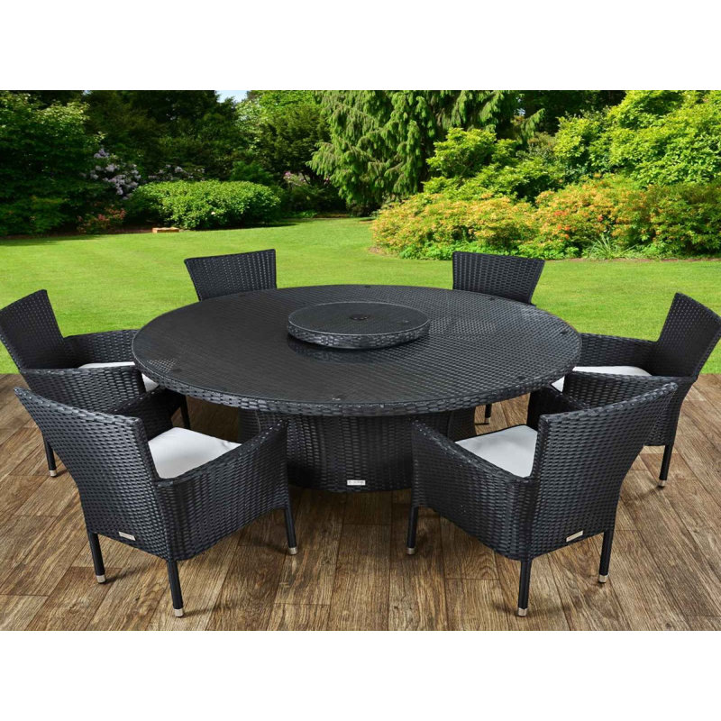 Copenhaver 6 - Person Patio Dining Set with Round Table , Cushions Included, Black/Vanilla
